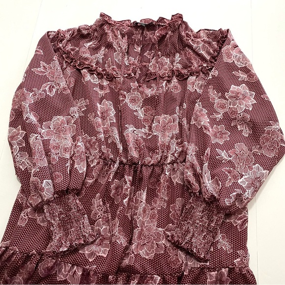 ELOQUII Elements Wine Floral Satin Dress Plus Size 14/16 Ruffle Yoke Long Sleeve - Picture 8 of 15